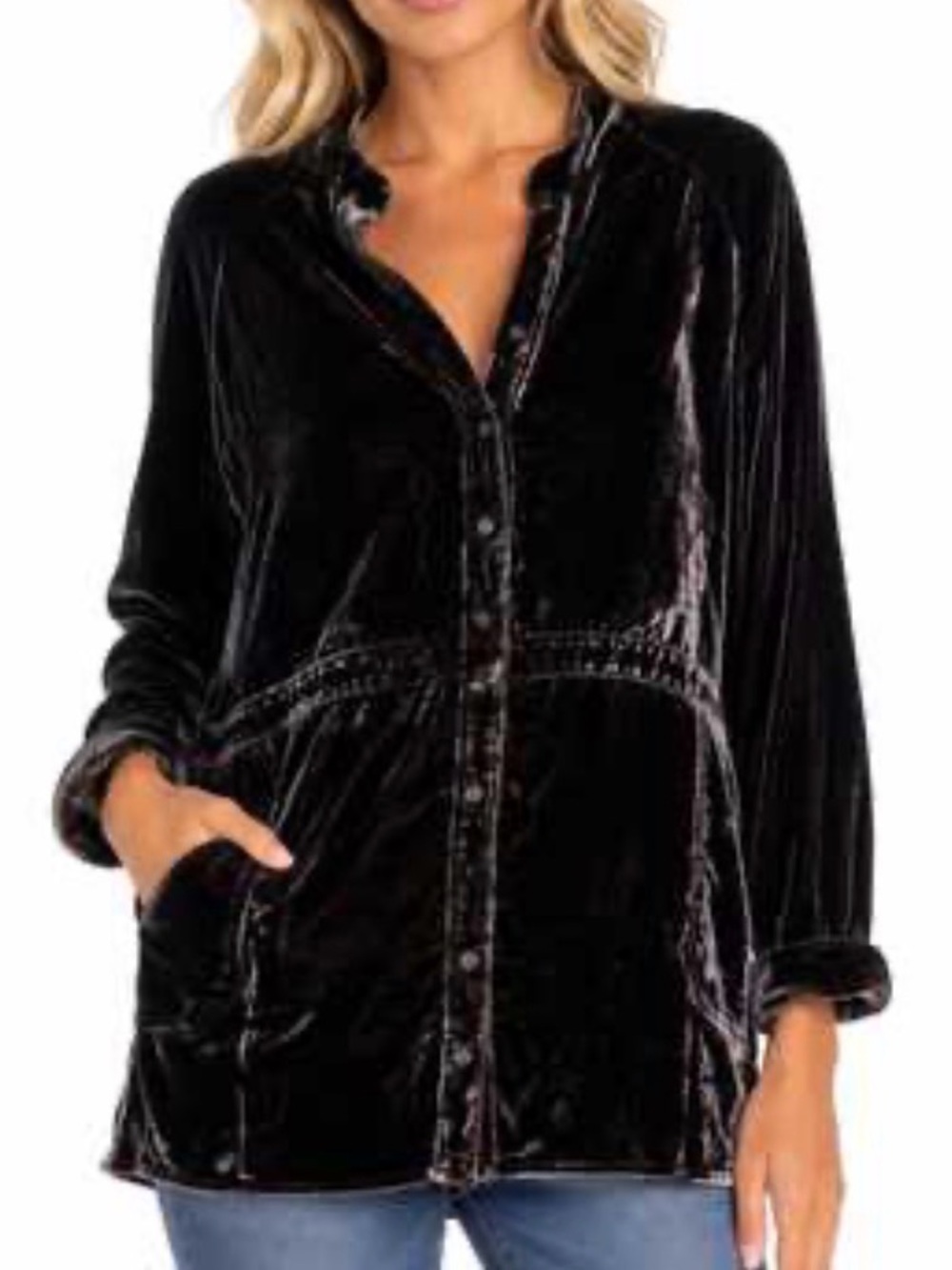 Natural Life Women’s Laid Back Velvet Blue Button Down Top Size Large